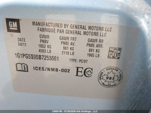 2011 Chevrolet Cruze Lt Turbo მანქანა იყიდება აუქციონზე, vin: 1G1PG5S95B7253661, აუქციონის ნომერი: 12665198