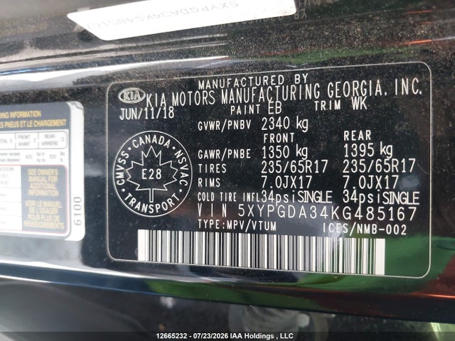 Auction sale of the 2019 Kia Sorento L/lx, vin: 5XYPGDA34KG485167, lot number: 12665232