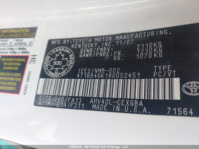 2008 Toyota Camry Hybrid მანქანა იყიდება აუქციონზე, vin: 4T1BB46K18U052451, აუქციონის ნომერი: 12665236