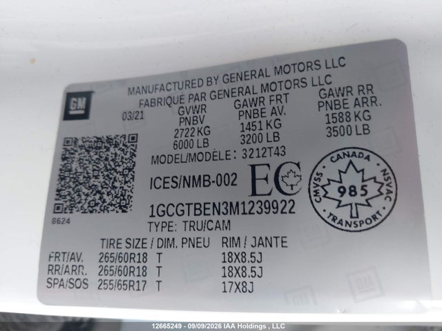 Chevrolet Colorado 2021 1GCGTBEN3M1239922 Image 9