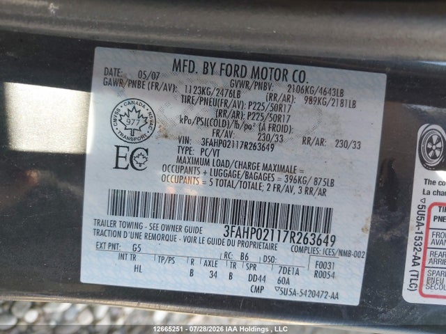 Продажа на аукционе авто 2007 Ford Fusion Sel, vin: 3FAHP02117R263649, номер лота: 12665251