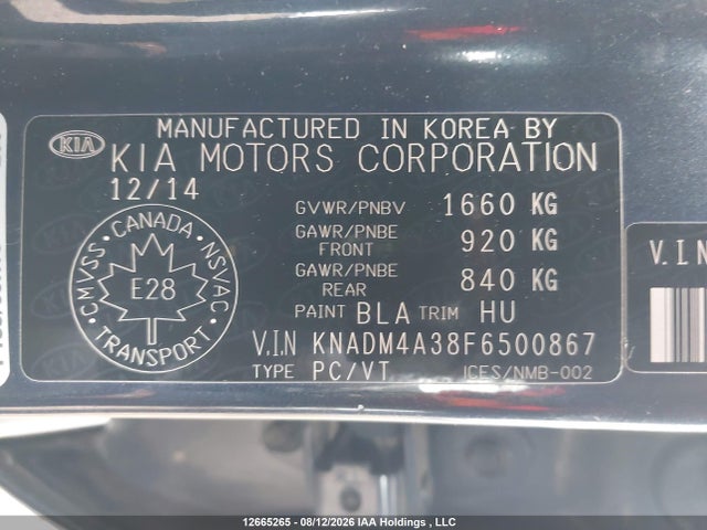 12665265 :رقم المزاد ، KNADM4A38F6500867 vin ، 2015 Kia Rio Ex/ex+/lx/lx+/sx مزاد بيع