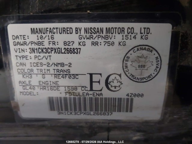 12665278 :رقم المزاد ، 3N1CK3CPXGL266837 vin ، 2016 Nissan Micra مزاد بيع