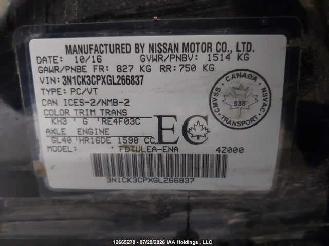 12665278 :رقم المزاد ، 3N1CK3CPXGL266837 vin ، 2016 Nissan Micra مزاد بيع