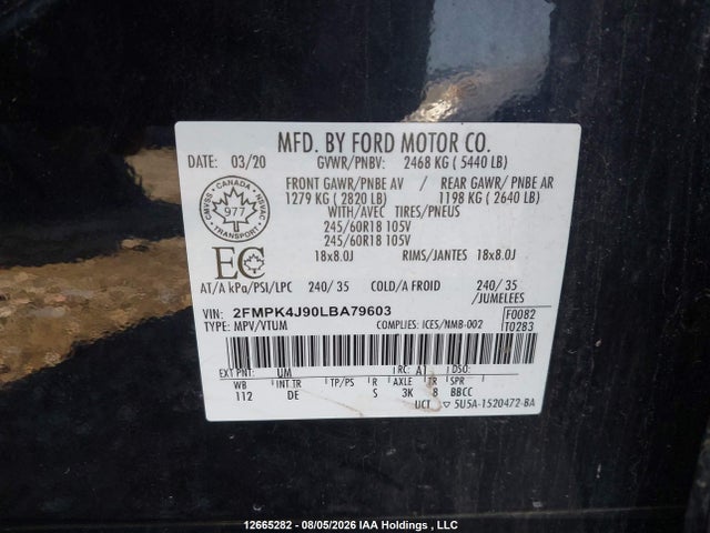 Aukcja sprzedaży 2020 Ford Edge Sel, vin: 2FMPK4J90LBA79603, numer aukcji: 12665282