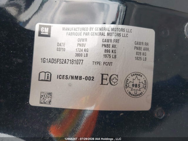 Продажа на аукционе авто 2010 Chevrolet Cobalt, vin: 1G1AD5F52A7181077, номер лота: 12665287