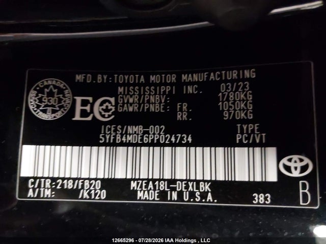12665296 :رقم المزاد ، 5YFB4MDE6PP024734 vin ، 2023 Toyota Corolla Le مزاد بيع