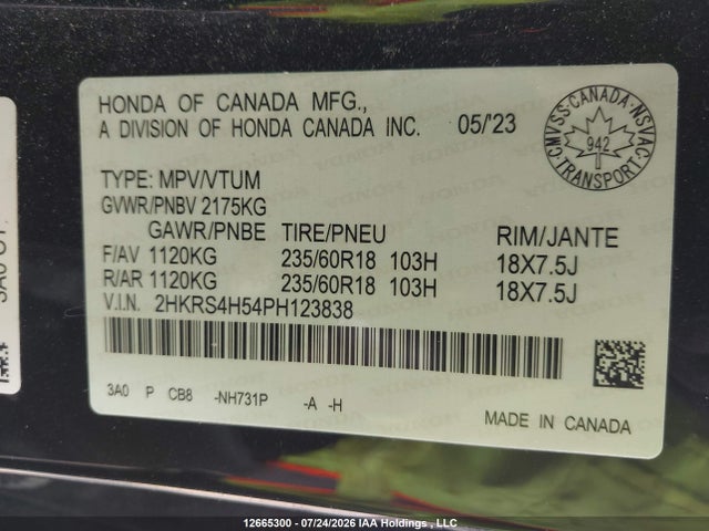 2023 Honda Cr-v Sport მანქანა იყიდება აუქციონზე, vin: 2HKRS4H54PH123838, აუქციონის ნომერი: 12665300
