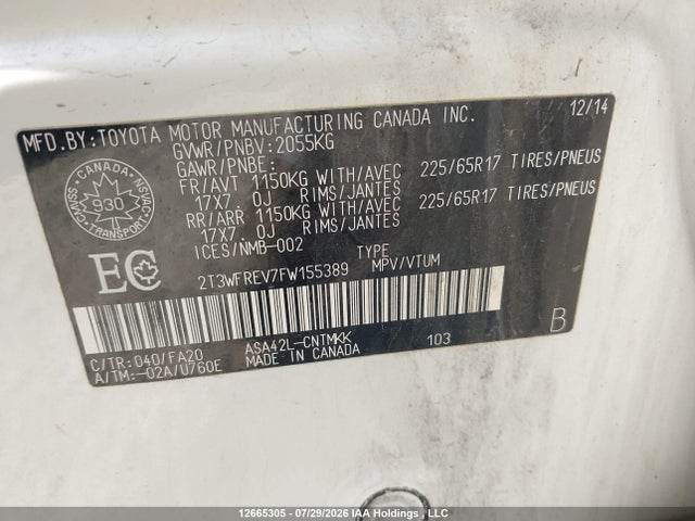 2015 Toyota Rav4 Xle მანქანა იყიდება აუქციონზე, vin: 2T3WFREV7FW155389, აუქციონის ნომერი: 12665305