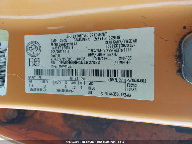 2022 Ford Bronco Big Bend/black Diamond/outer Banks მანქანა იყიდება აუქციონზე, vin: 1FMDE5BH4NLB27032, აუქციონის ნომერი: 12665311