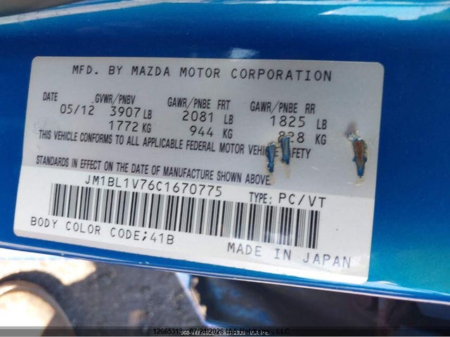 12665313 :رقم المزاد ، JM1BL1V76C1670775 vin ، 2012 Mazda Mazda3 I Touring مزاد بيع