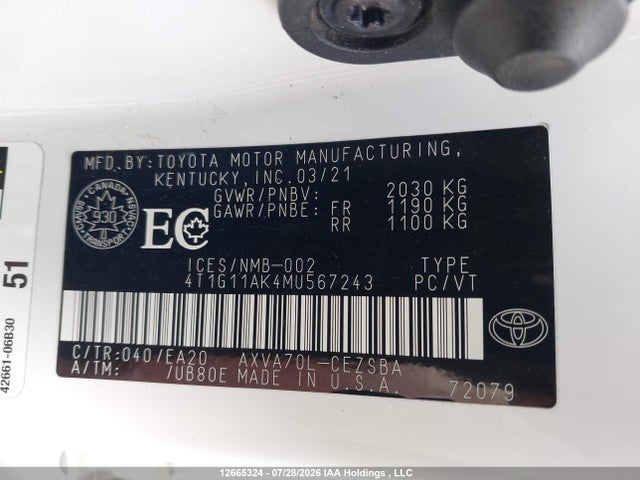 12665324 :رقم المزاد ، 4T1G11AK4MU567243 vin ، 2021 Toyota Camry Se/se Night Shade مزاد بيع
