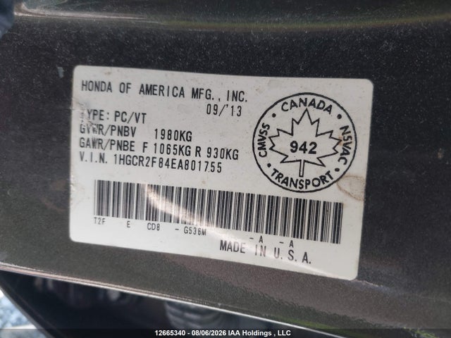 2014 Honda Accord Ex-l მანქანა იყიდება აუქციონზე, vin: 1HGCR2F84EA801755, აუქციონის ნომერი: 12665340