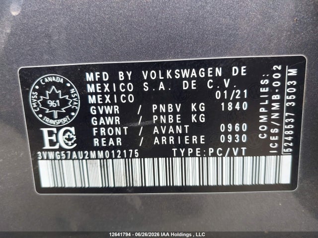Продаж на аукціоні авто 2021 Volkswagen Golf Comfortline/highline, vin: 3VWG57AU2MM012175, номер лоту: 12641794