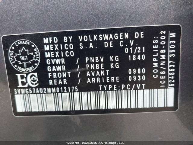 Продаж на аукціоні авто 2021 Volkswagen Golf Comfortline/highline, vin: 3VWG57AU2MM012175, номер лоту: 12641794