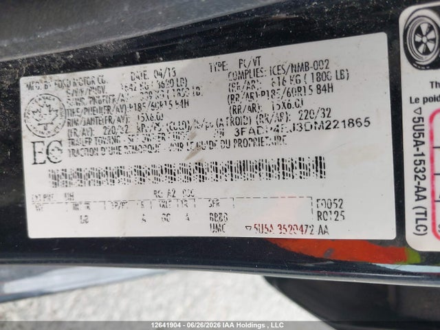 12641904 :رقم المزاد ، 3FADP4EJ3DM221865 vin ، 2013 Ford Fiesta Se مزاد بيع