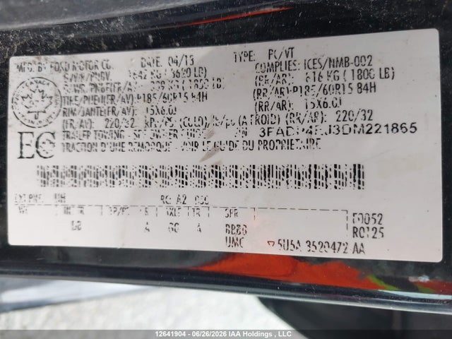 12641904 :رقم المزاد ، 3FADP4EJ3DM221865 vin ، 2013 Ford Fiesta Se مزاد بيع