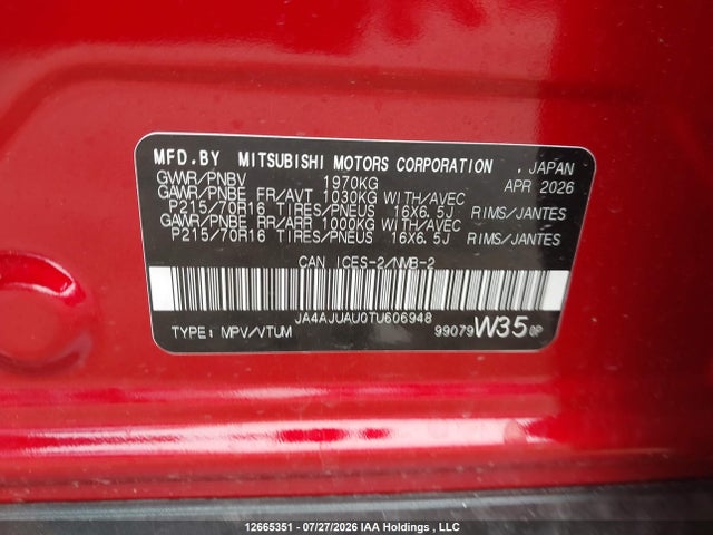 Продаж на аукціоні авто 2026 Mitsubishi Rvr Es Awc, vin: JA4AJUAU0TU606948, номер лоту: 12665351