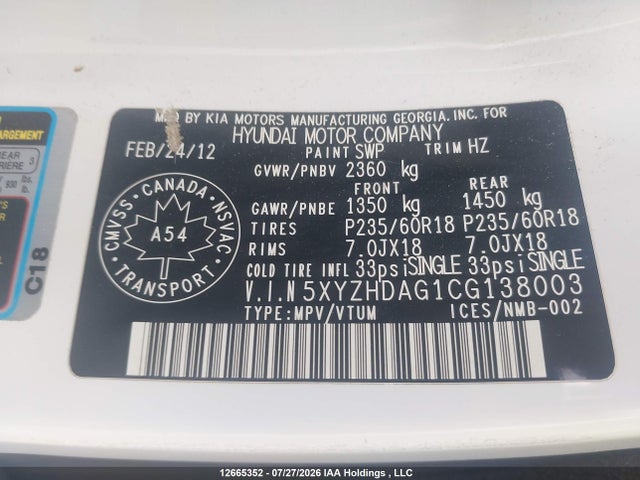 Продажа на аукционе авто 2012 Hyundai Santa Fe Se, vin: 5XYZHDAG1CG138003, номер лота: 12665352