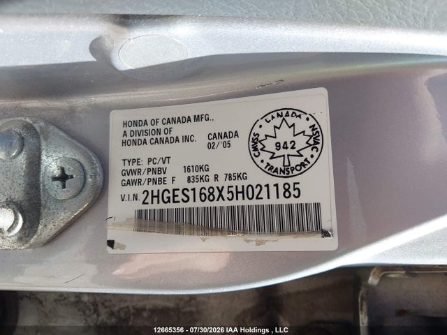 12665356 :رقم المزاد ، 2HGES168X5H021185 vin ، 2005 Honda Civic Si Si مزاد بيع