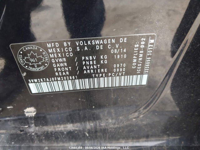 2015 Volkswagen Jetta 2.0l Trendline/2.0l Trendline+ მანქანა იყიდება აუქციონზე, vin: 3VW2K7AJ0FM202861, აუქციონის ნომერი: 12665359