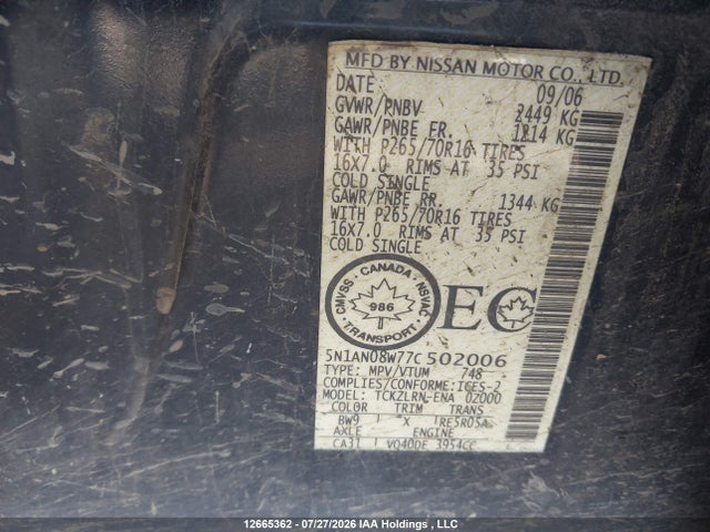 Aukcja sprzedaży 2007 Nissan Xterra Se, vin: 5N1AN08W77C502006, numer aukcji: 12665362