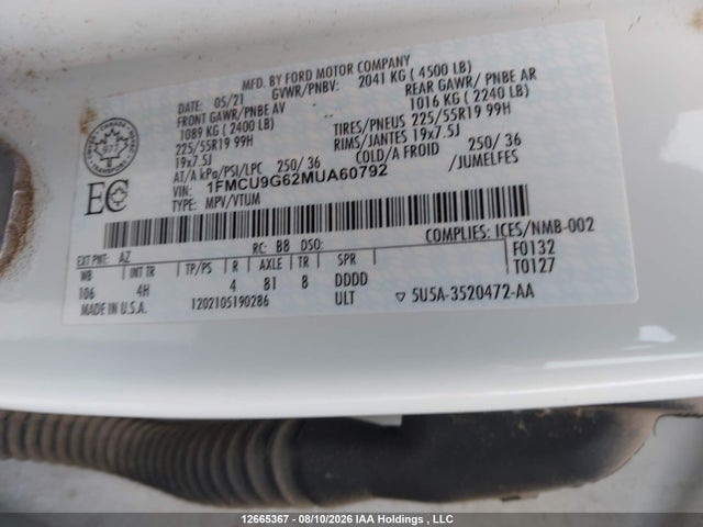 12665367 :رقم المزاد ، 1FMCU9G62MUA60792 vin ، 2021 Ford Escape Se مزاد بيع