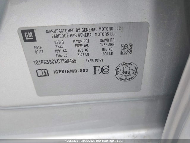12665370 :رقم المزاد ، 1G1PG5SCXC7399485 vin ، 2012 Chevrolet Cruze Lt Turbo مزاد بيع