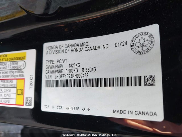 Honda Civic Touring 2024 2HGFE1F93RH002472 Image 9