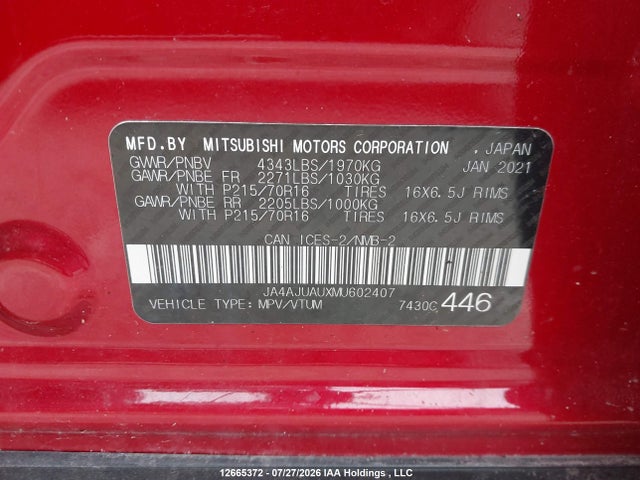 2021 Mitsubishi Rvr Es მანქანა იყიდება აუქციონზე, vin: JA4AJUAUXMU602407, აუქციონის ნომერი: 12665372