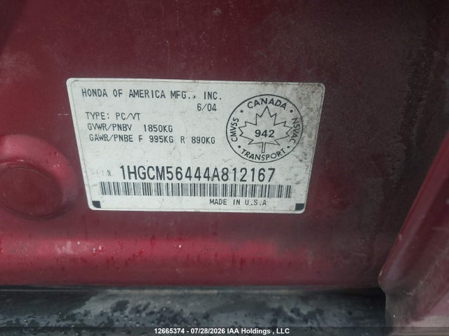 Aukcja sprzedaży 2004 Honda Accord Lx-g, vin: 1HGCM56444A812167, numer aukcji: 12665374