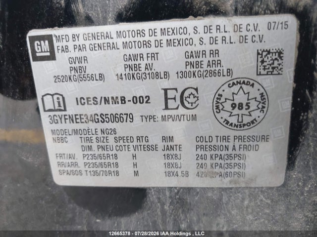 12665378 :رقم المزاد ، 3GYFNEE34GS506679 vin ، 2016 Cadillac Srx Luxury Collection مزاد بيع