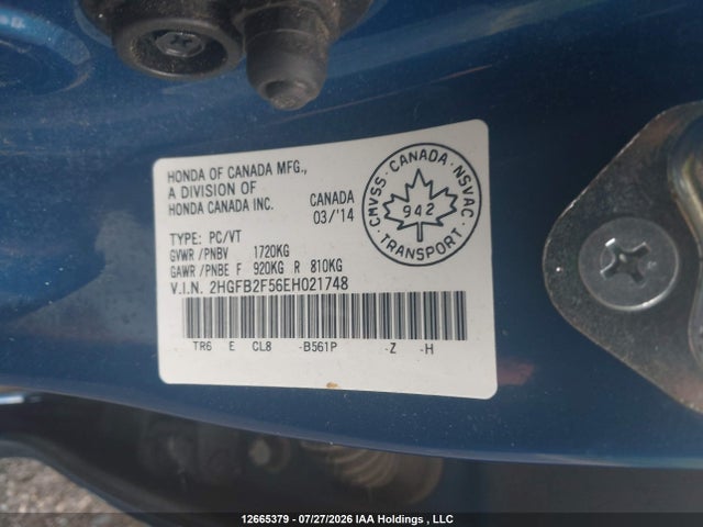 Продаж на аукціоні авто 2014 Honda Civic Ex, vin: 2HGFB2F56EH021748, номер лоту: 12665379