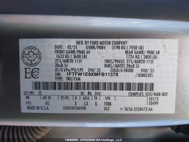 Aukcja sprzedaży 2021 Ford F-150 King Ranch/lariat/limited/platinum/tremor/xl/xlt, vin: 1FTFW1E8XMFB11378, numer aukcji: 12648855