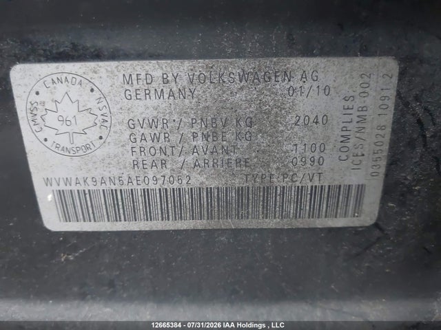 Продажа на аукционе авто 2010 Volkswagen Passat 2.0t, vin: WVWAK9AN5AE097052, номер лота: 12665384