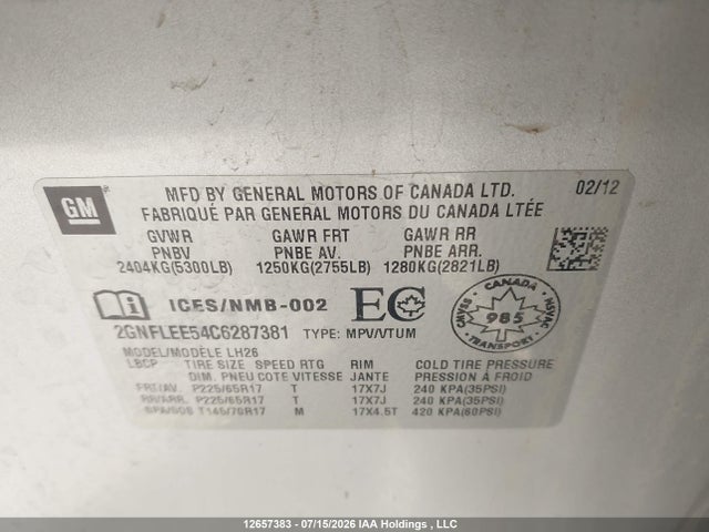 Aukcja sprzedaży 2012 Chevrolet Equinox 1lt, vin: 2GNFLEE54C6287381, numer aukcji: 12657383