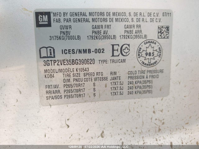 Aukcja sprzedaży 2011 Gmc Sierra 1500 Sle, vin: 3GTP2VE35BG390620, numer aukcji: 12659120