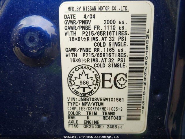 12660410 :رقم المزاد ، JN8BT08V55W101561 vin ، 2005 Nissan X-trail Le/se/xe مزاد بيع