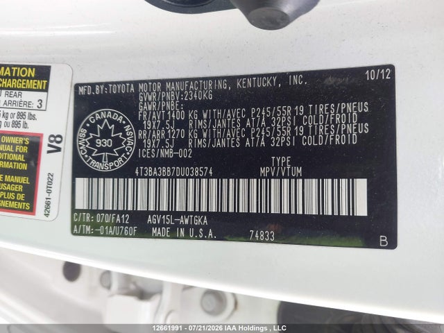 12661991 :رقم المزاد ، 4T3BA3BB7DU038574 vin ، 2013 Toyota Venza مزاد بيع