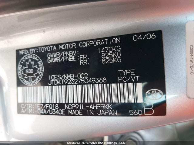 2007 Toyota Yaris მანქანა იყიდება აუქციონზე, vin: JTDKT923275049368, აუქციონის ნომერი: 12665393