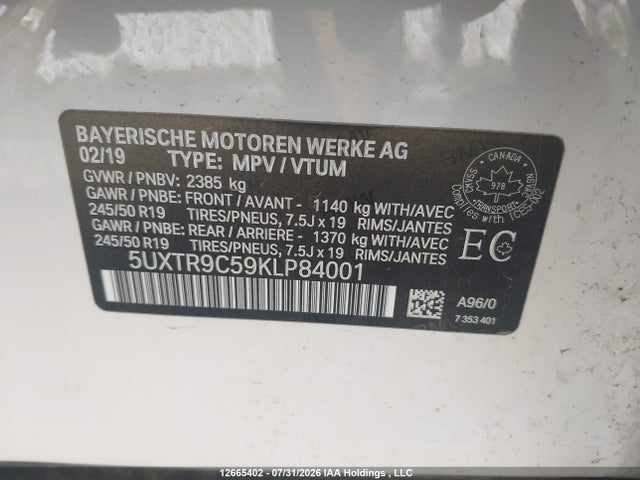 BMW X3 Xdrive30i 2019 5UXTR9C59KLP84001 Image 9