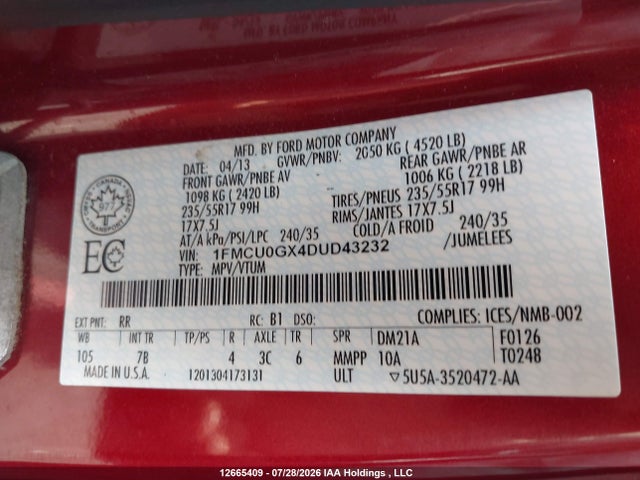 12665409 :رقم المزاد ، 1FMCU0GX4DUD43232 vin ، 2013 Ford Escape مزاد بيع