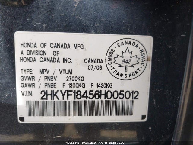 Продажа на аукционе авто 2006 Honda Pilot Ex, vin: 2HKYF18456H005012, номер лота: 12665415