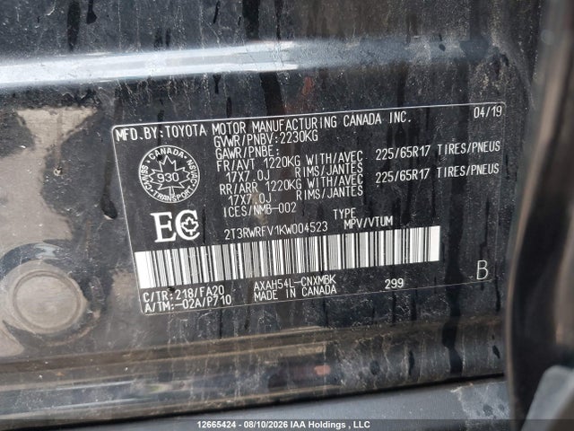 2T3RWRFV1KW004523 Toyota Rav4 Hybrid Xle