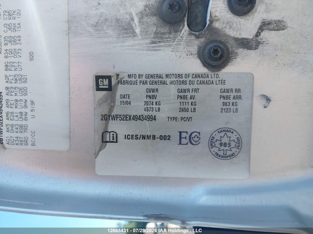 Продаж на аукціоні авто 2004 Chevrolet Impala, vin: 2G1WF52EX49434994, номер лоту: 12665431