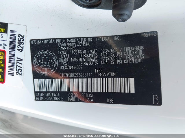 Aukcja sprzedaży 2012 Toyota Sienna, vin: 5TDZK3DC2CS256441, numer aukcji: 12665440