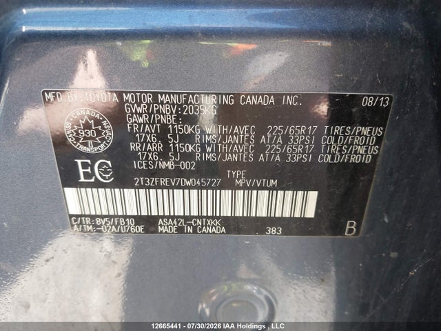 Aukcja sprzedaży 2013 Toyota Rav4 Le, vin: 2T3ZFREV7DW045727, numer aukcji: 12665441