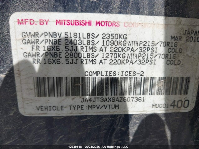 12639518 :رقم المزاد ، JA4JT3AX8AZ607361 vin ، 2010 Mitsubishi Outlander Ls مزاد بيع