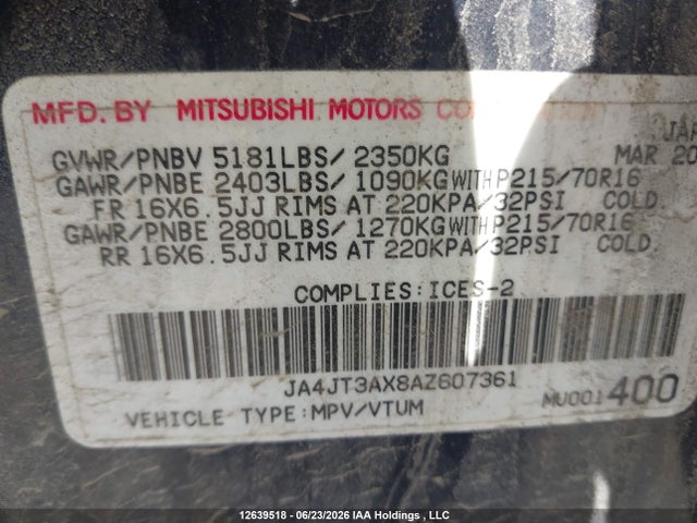 12639518 :رقم المزاد ، JA4JT3AX8AZ607361 vin ، 2010 Mitsubishi Outlander Ls مزاد بيع