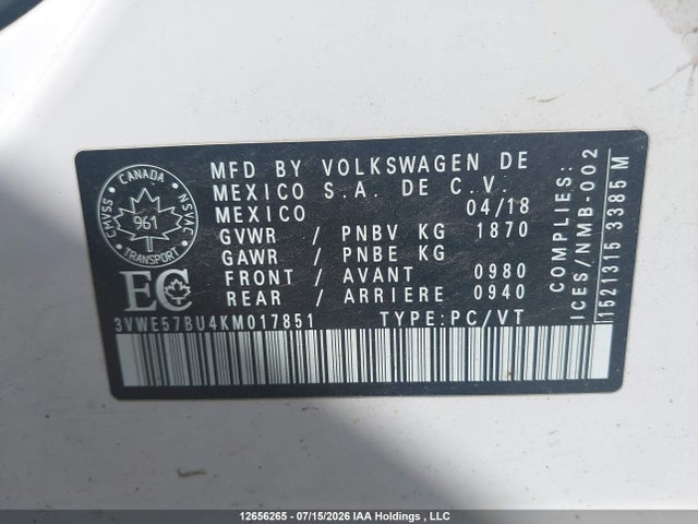 Aukcja sprzedaży 2019 Volkswagen Jetta 1.4 Tsi Highline, vin: 3VWE57BU4KM017851, numer aukcji: 12656265